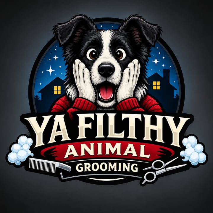 Ya Filthy Animal Grooming logo: a black and white dog in a red jumper, hands on cheeks, under a starry night